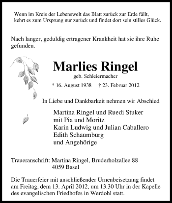 Traueranzeige von Marlies Ringel von Tageszeitung