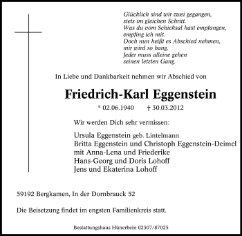Traueranzeige von Friedrich-Karl Eggenstein von Tageszeitung