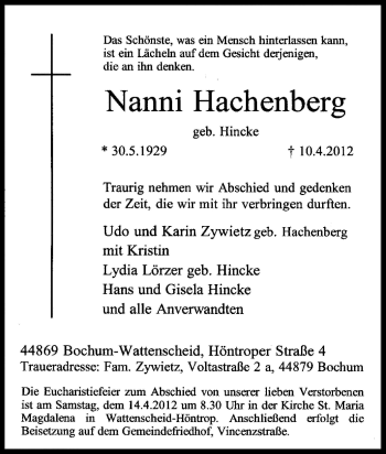 Traueranzeige von Nanni Hachenberg von Tageszeitung