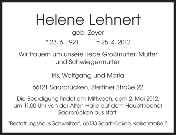 Traueranzeige von Helene Lehnert von Tageszeitung