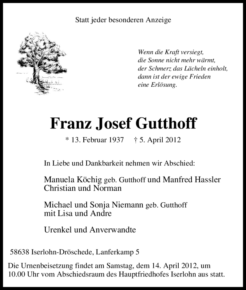  Traueranzeige für Franz Josef Gutthoff vom 10.04.2012 aus Tageszeitung