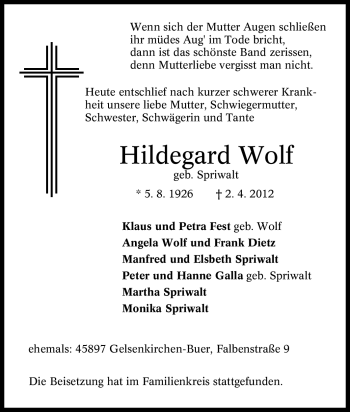 Traueranzeige von Hildegard Wolf von Tageszeitung