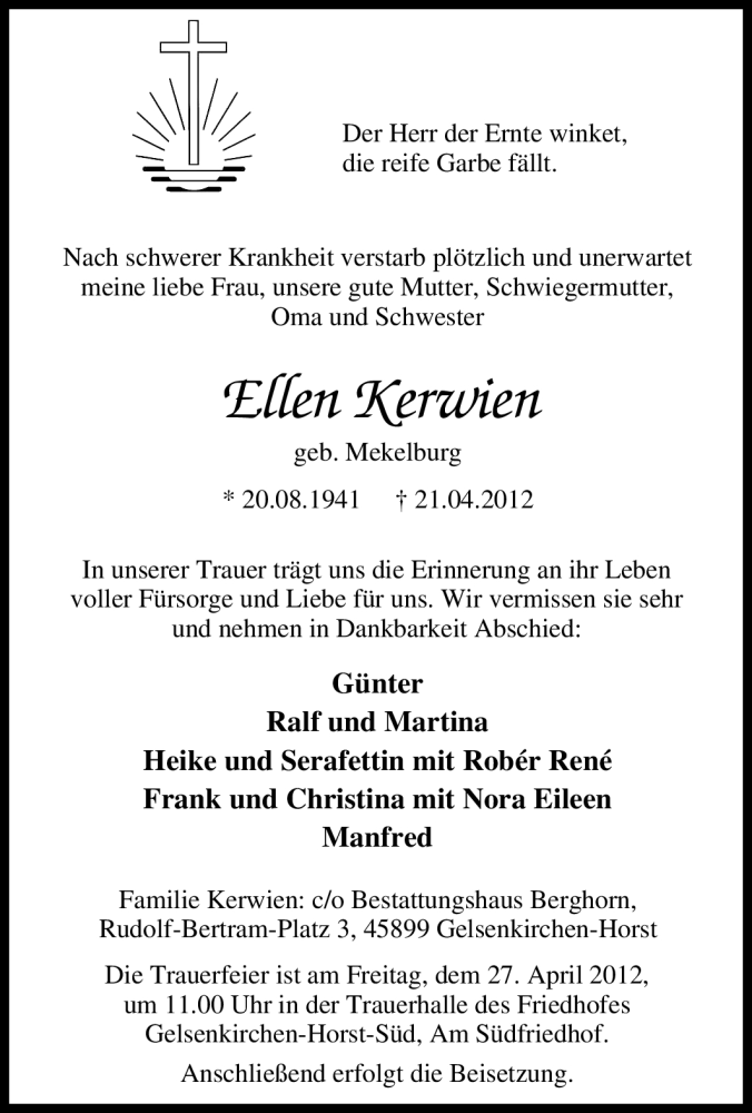  Traueranzeige für Ellen Kerwien vom 24.04.2012 aus Tageszeitung