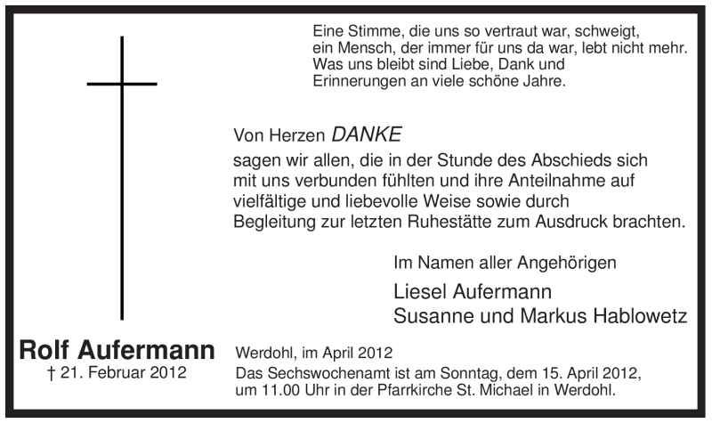  Traueranzeige für Rolf Aufermann vom 05.04.2012 aus Tageszeitung