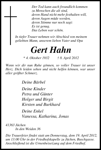 Traueranzeige von Gert Hahn von Tageszeitung