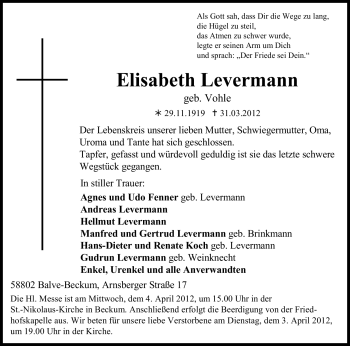 Traueranzeige von Elisabeth Levermann von Tageszeitung