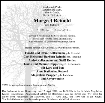 Traueranzeige von Margret Reinold von Tageszeitung