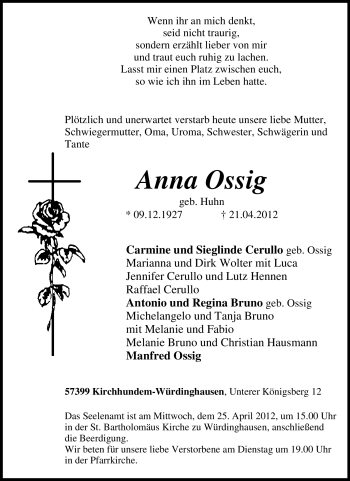 Traueranzeige von Anna Ossig von Tageszeitung