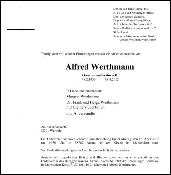 Traueranzeige von Alfred Werthmann von Tageszeitung