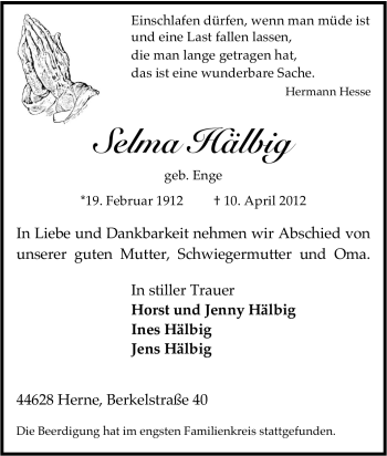 Traueranzeige von Selma Hälbig von Tageszeitung
