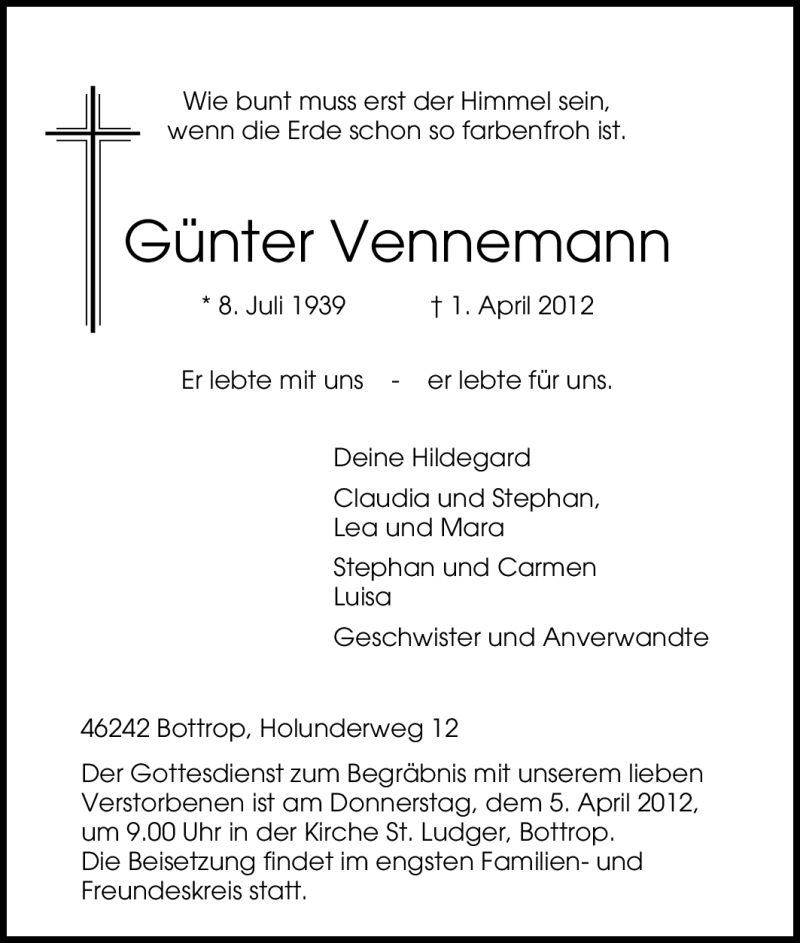  Traueranzeige für Günter Vennemann vom 03.04.2012 aus Tageszeitung