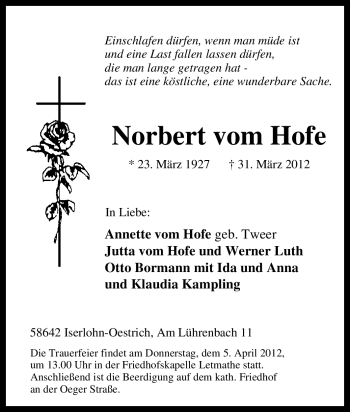 Traueranzeige von Norbert vom Hofe von Tageszeitung