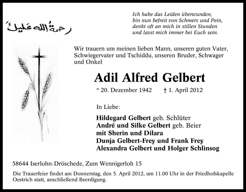  Traueranzeige für Adil Alfred Gelbert vom 03.04.2012 aus Tageszeitung