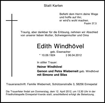Traueranzeige von Edith Windhövel von Tageszeitung