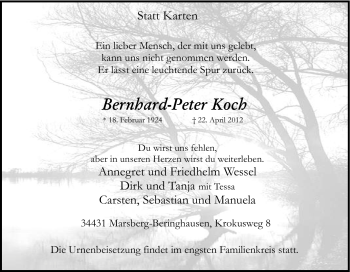 Traueranzeige von Bernhard-Peter Koch von Tageszeitung