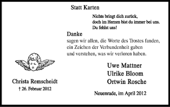 Traueranzeige von Christa Remscheidt von Tageszeitung
