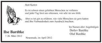 Traueranzeige von Ilse Bardtke von Tageszeitung