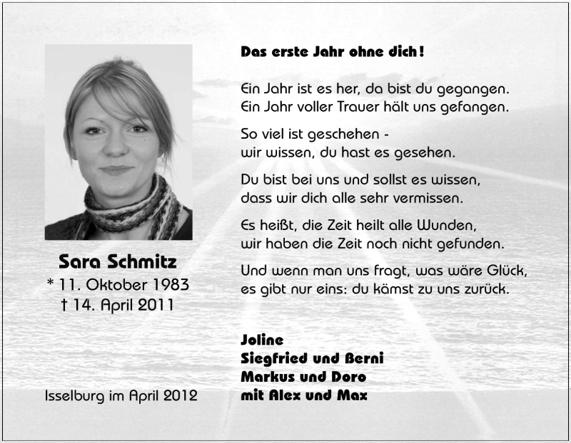  Traueranzeige für Sara Schmitz vom 14.04.2012 aus Tageszeitung