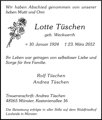 Traueranzeige von Lotte Tüschen von Tageszeitung