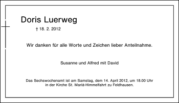 Traueranzeige von Doris Luerweg von Tageszeitung