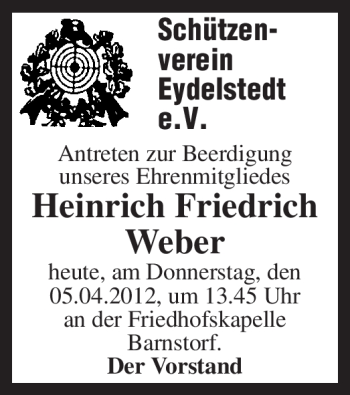 Traueranzeige von Heinrich Friedrich Weber von Tageszeitung