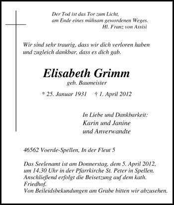 Traueranzeige von Elisabeth Grimm von Tageszeitung