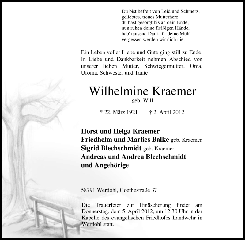  Traueranzeige für Wilhelmine Kraemer vom 04.04.2012 aus Tageszeitung