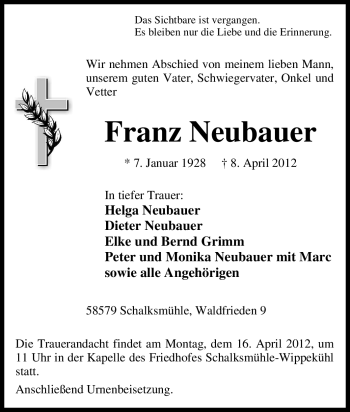 Traueranzeige von Franz Neubauer von Tageszeitung