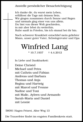 Traueranzeige von Winfried Lang von Tageszeitung