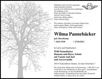 Traueranzeige von Wilma Pannebäcker von Tageszeitung