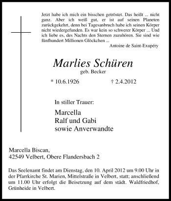 Traueranzeige von Marlies Schüren von Tageszeitung