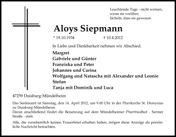 Traueranzeige von Aloys Siepmann von Tageszeitung