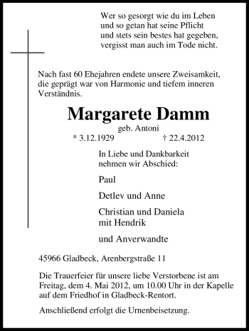 Traueranzeige von Margarete Damm von Tageszeitung