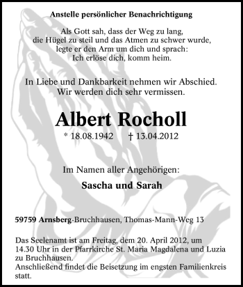 Traueranzeige von Albert Rocholl von Tageszeitung