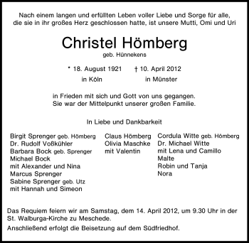 Traueranzeige von Christel Hömberg von Tageszeitung