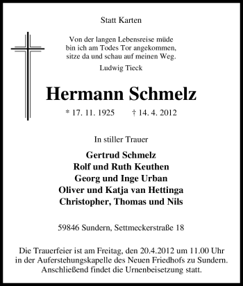Traueranzeige von Hermann Schmelz von Tageszeitung