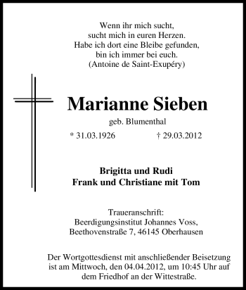 Traueranzeige von Marianne Sieben von Tageszeitung
