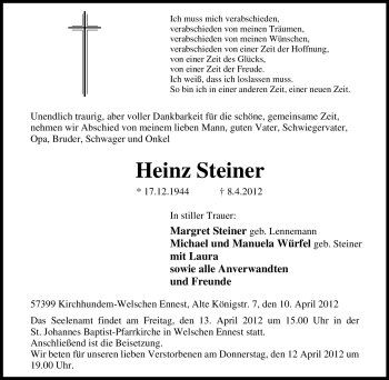 Traueranzeige von Heinz Steiner von Tageszeitung