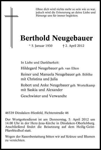 Traueranzeige von Berthold Neugebauer von Tageszeitung