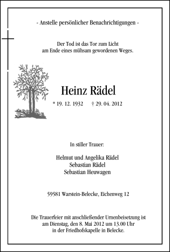 Traueranzeige von Heinz Rädel von Tageszeitung