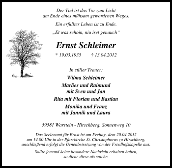 Traueranzeige von Ernst Schleimer von Tageszeitung