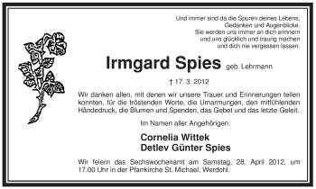 Traueranzeige von Irmgard Spies von Tageszeitung