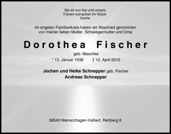 Traueranzeige von Dorothea Fischer von Tageszeitung