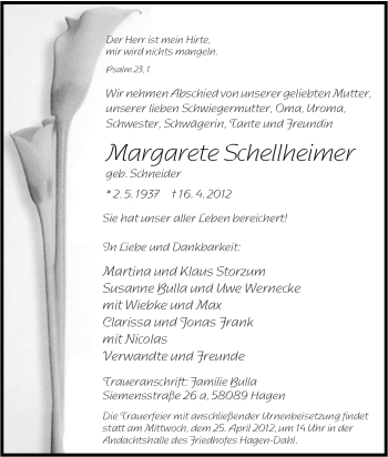 Traueranzeige von Margarete Schellheimer von Tageszeitung