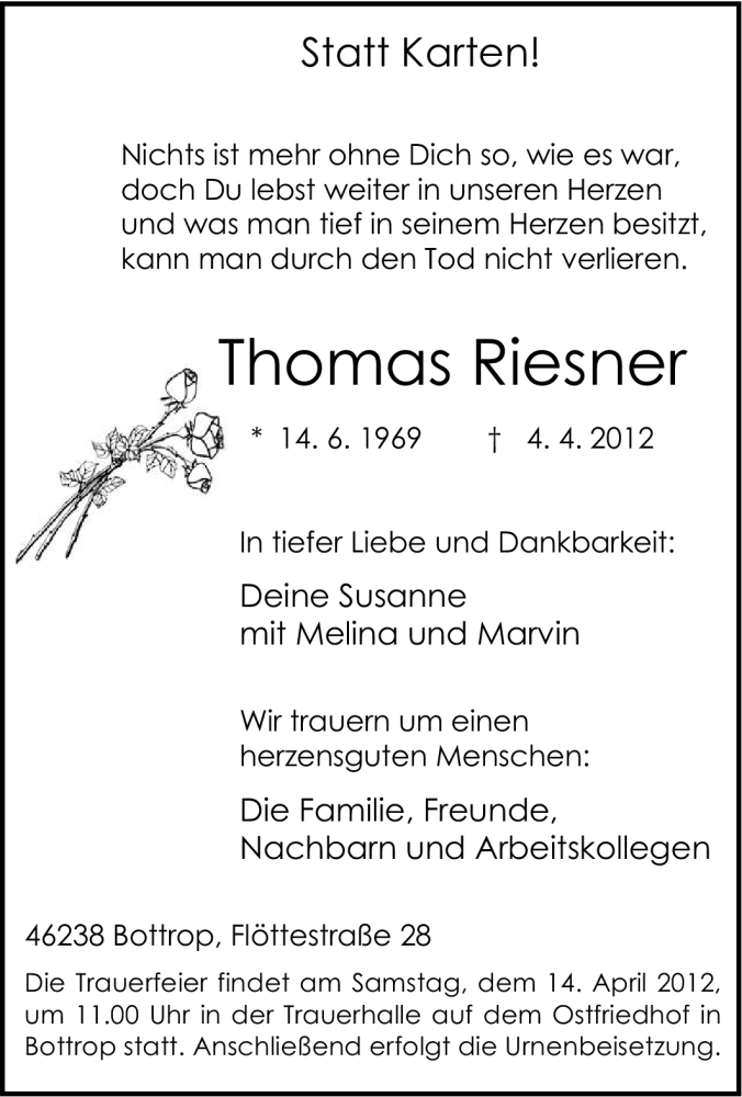  Traueranzeige für Thomas Riesner vom 11.04.2012 aus Tageszeitung