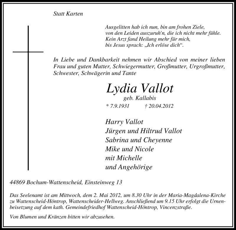  Traueranzeige für Lydia Vallot vom 28.04.2012 aus Tageszeitung