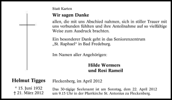 Traueranzeige von Helmut Tigges von Tageszeitung