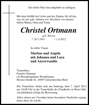 Traueranzeige von Christel Ortmann von Tageszeitung