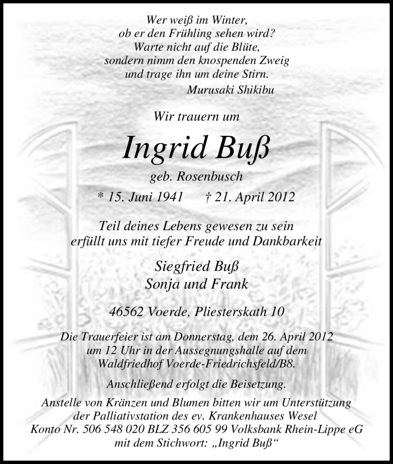  Traueranzeige für Ingrid Buß vom 23.04.2012 aus Tageszeitung