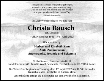 Traueranzeige von Christa Bausch von Tageszeitung
